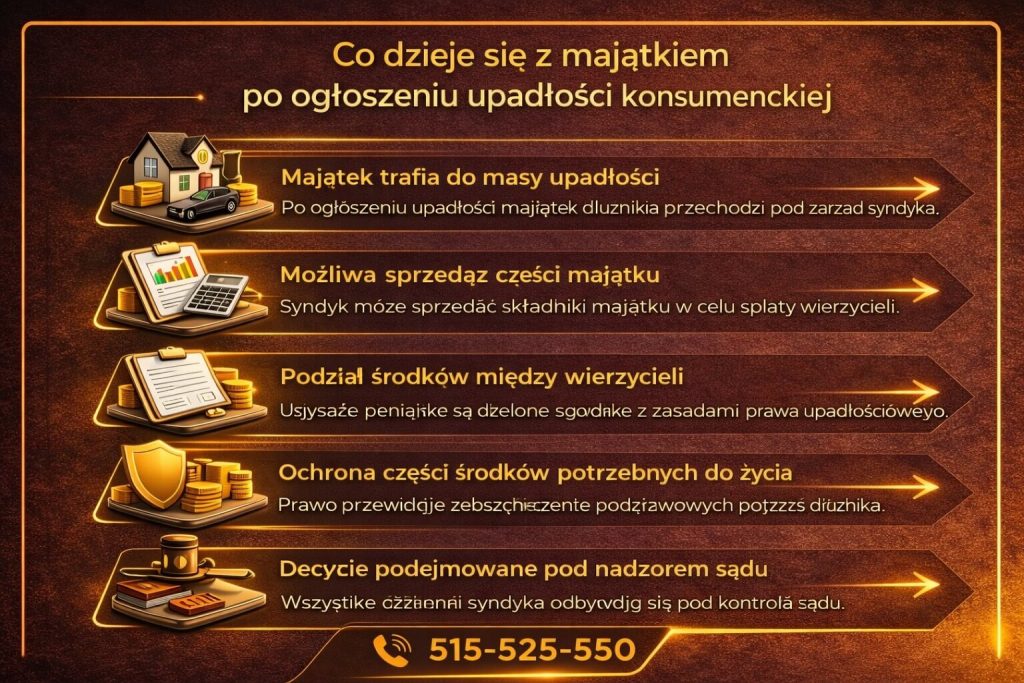 Upadłość konsumencka – rola sądu w postępowaniu oddłużeniowym. Infografika pokazuje decyzję o ogłoszeniu upadłości, kontrolę działań syndyka oraz ustalanie planu spłaty wierzycieli i zakończenie procesu.