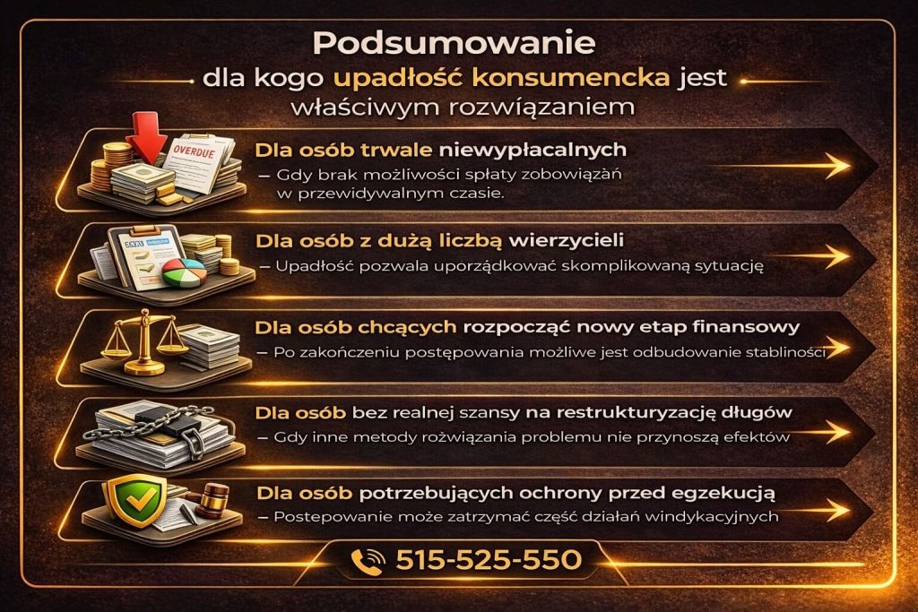 Upadłość konsumencka – dla kogo jest najlepszym rozwiązaniem. Infografika przedstawia osoby niewypłacalne, zadłużone oraz te, które chcą rozpocząć nowy etap finansowy bez długów.