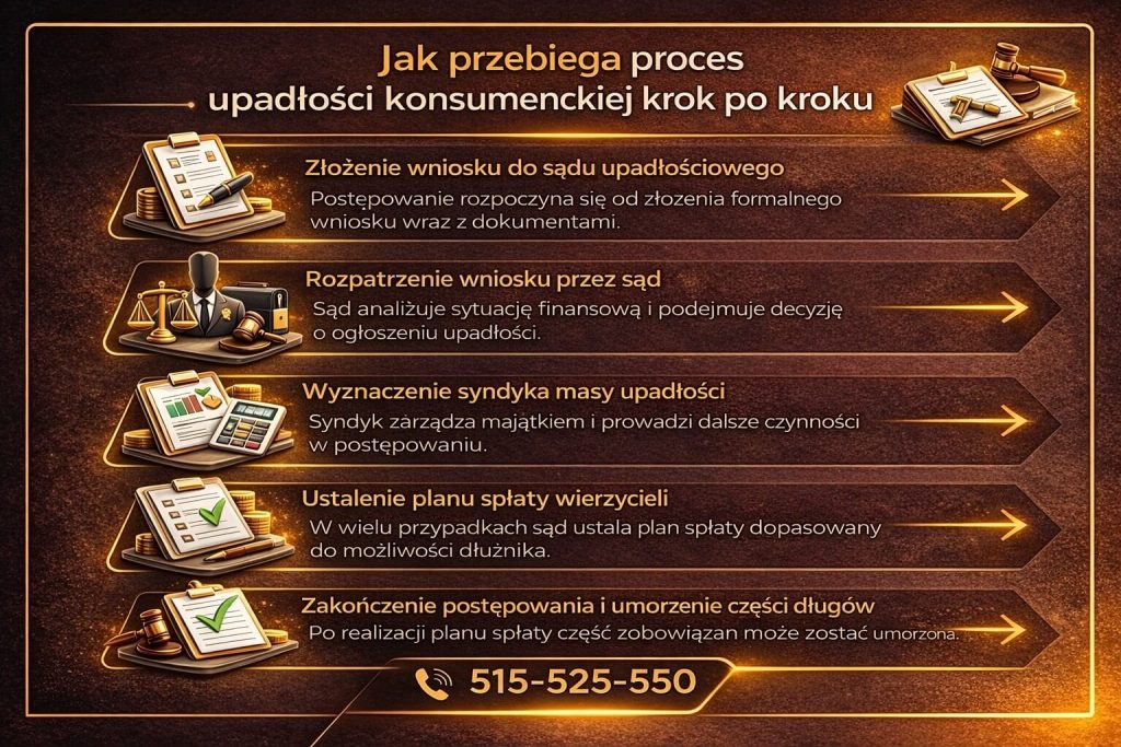 Upadłość konsumencka – jakie są przesłanki do ogłoszenia. Grafika wyjaśnia niewypłacalność, brak możliwości spłaty zobowiązań oraz wysokie zadłużenie względem dochodów jako podstawy do rozpoczęcia procedury oddłużeniowej.