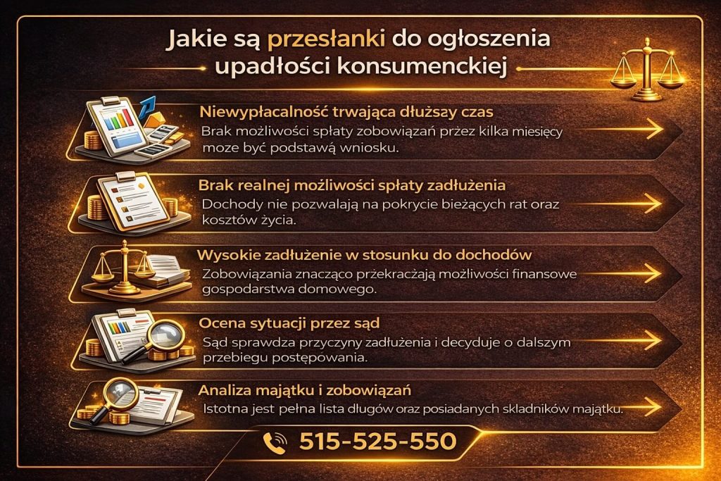Upadłość konsumencka – jakie są przesłanki do ogłoszenia. Grafika wyjaśnia niewypłacalność, brak możliwości spłaty zobowiązań oraz wysokie zadłużenie względem dochodów jako podstawy do rozpoczęcia procedury oddłużeniowej.
