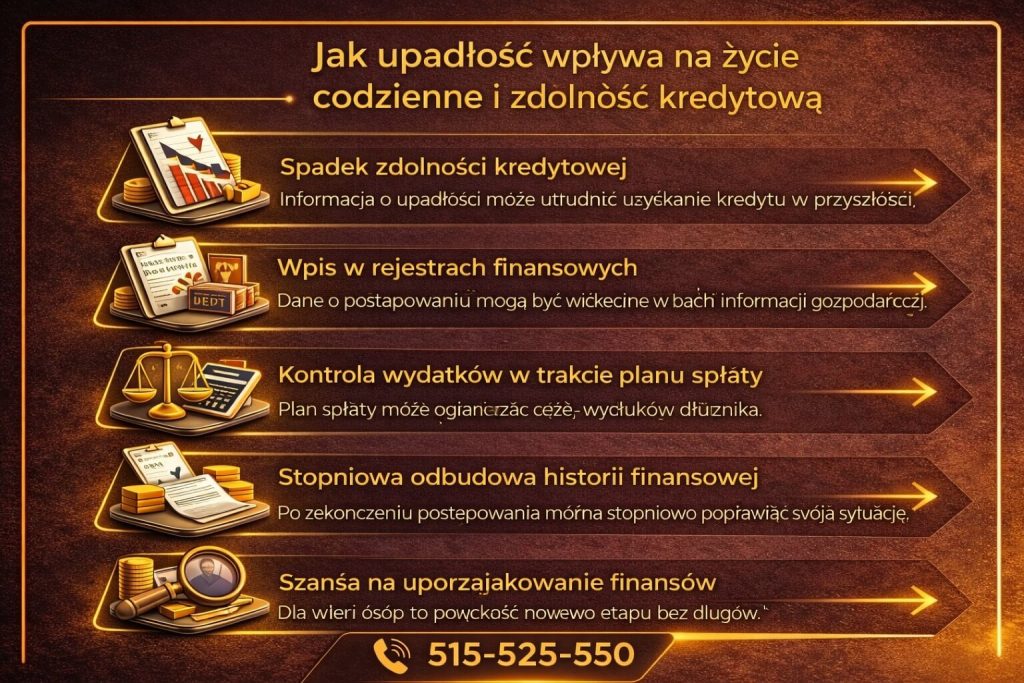 Oddłużenie konsumenckie – wpływ na życie i zdolność kredytową. Infografika pokazuje spadek zdolności kredytowej, wpisy w rejestrach oraz stopniową odbudowę historii finansowej po zakończeniu postępowania.