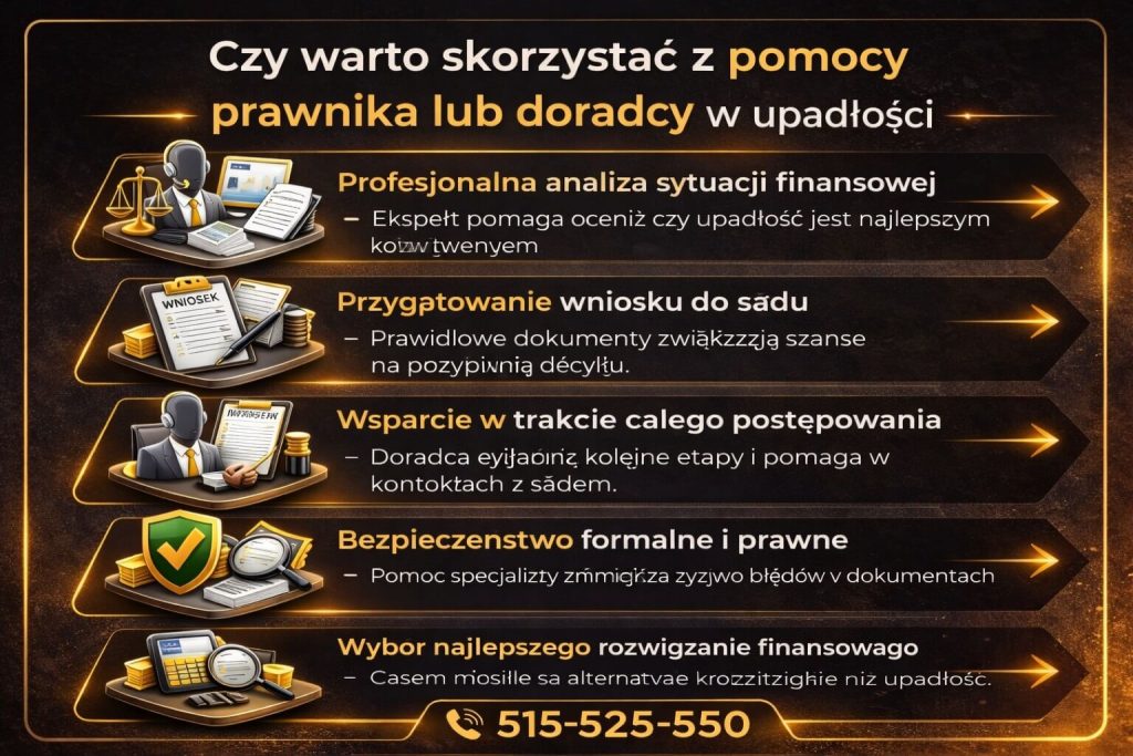 Pomoc w upadłości konsumenckiej – wsparcie prawnika i doradcy. Grafika pokazuje analizę sytuacji finansowej, przygotowanie wniosku oraz kompleksową pomoc w całym procesie oddłużeniowym.