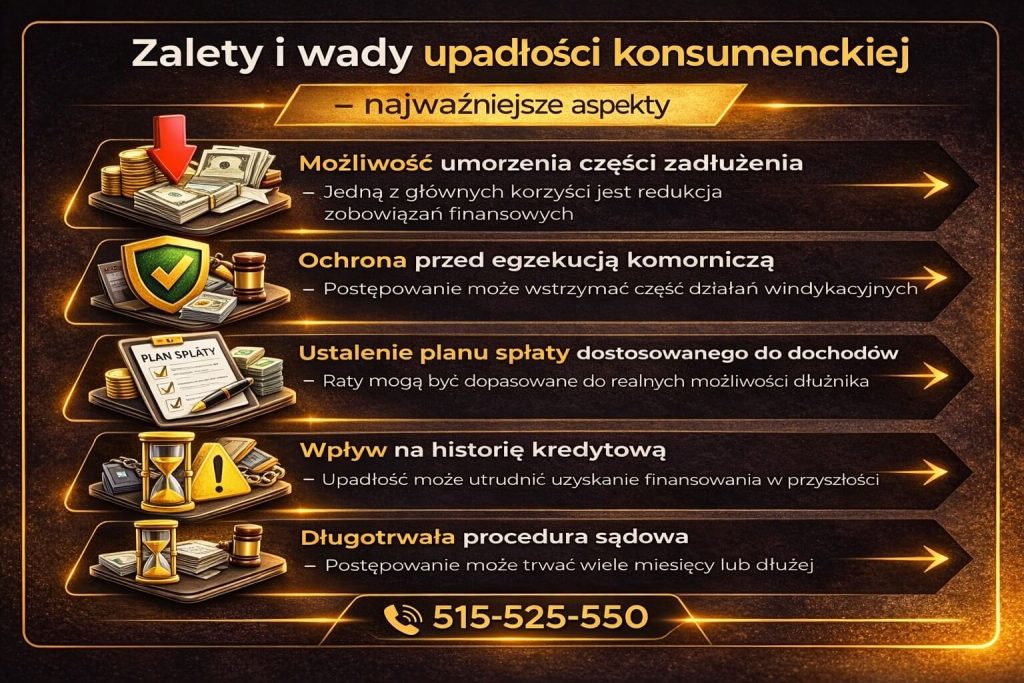 Oddłużenie przez upadłość konsumencką – zalety i wady rozwiązania. Grafika pokazuje możliwość umorzenia długów, ochronę przed komornikiem oraz negatywny wpływ na historię kredytową i czas trwania postępowania.
